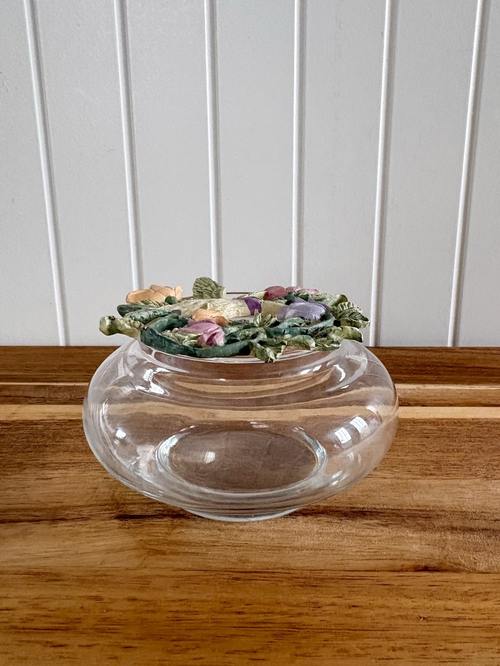 Hummingbird Floral Glass Potpourri Trinket Bowl Flower Frog 5”
